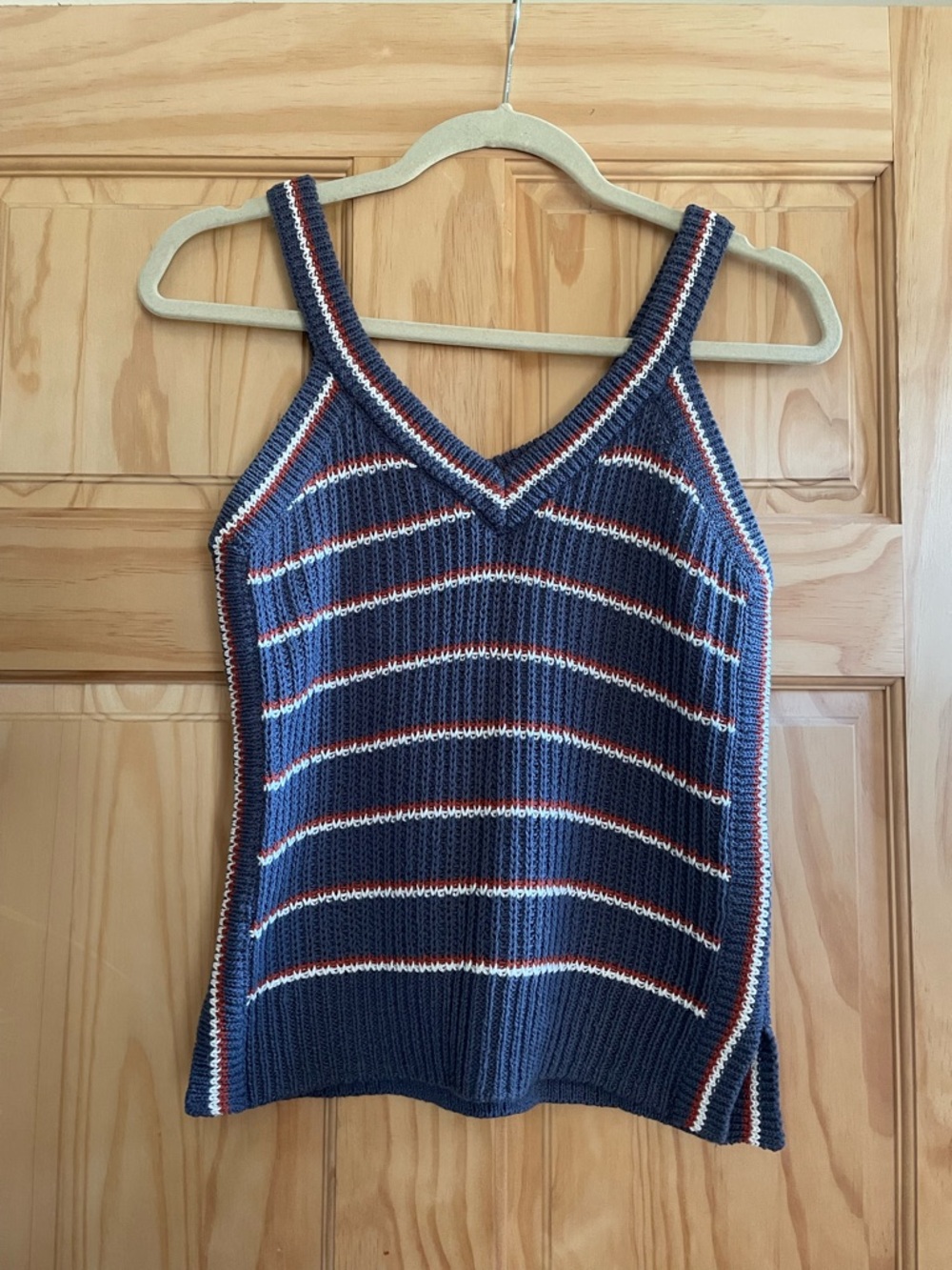 Madewell Navy Striped V-Neck Knit Tank with Red & White Trim